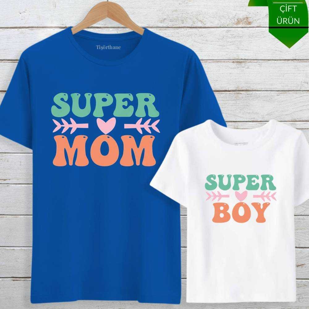 Super Mom, Super Boy Tasarımlı Anne Oğul Tişört Kombini